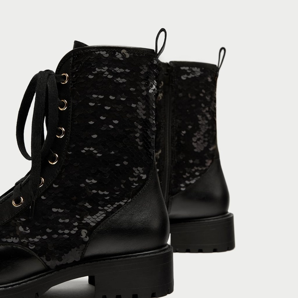 Zara Gold Black Sequined Leather Combat Boots 35 - Picture 3 of 4